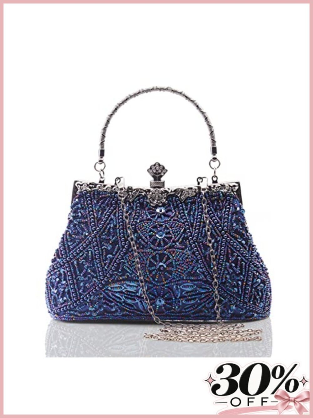 Beaded Sequin Evening Clutch with Rhinestones, Vintage Style, Detachable Chain